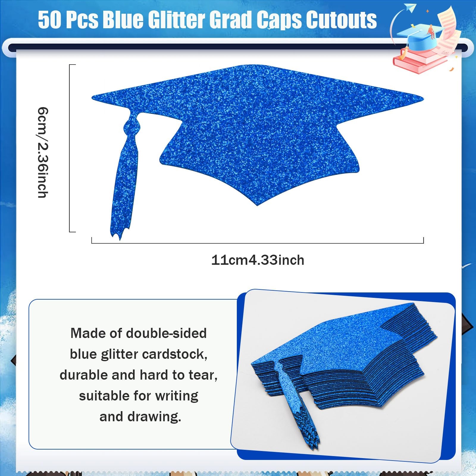 50 PCS Blue Glitter Graduation Cap Cutouts Class Of 2026 Table Confetti