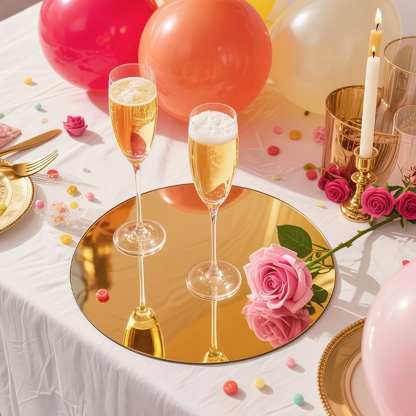 10PCS Gold Round Mirror Centerpieces for Tables Acrylic Circle Mirror Tray Ca…