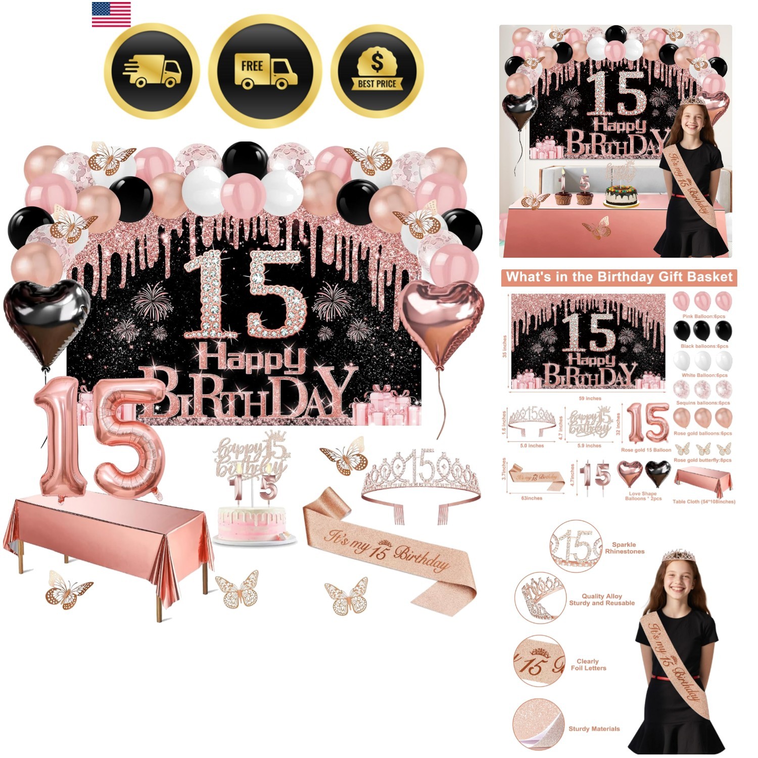 15th Birthday Decorations for Girls, 49pcs Black Rose Gold Black Banner, Tabl…