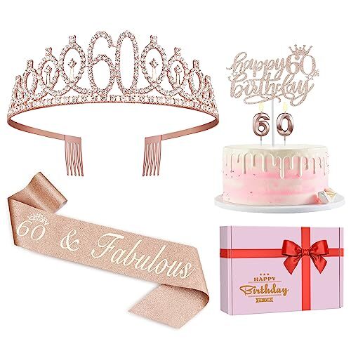 60th Birthday Decorations Women, Including 60th Birthday Crown/Tiara, Sash,