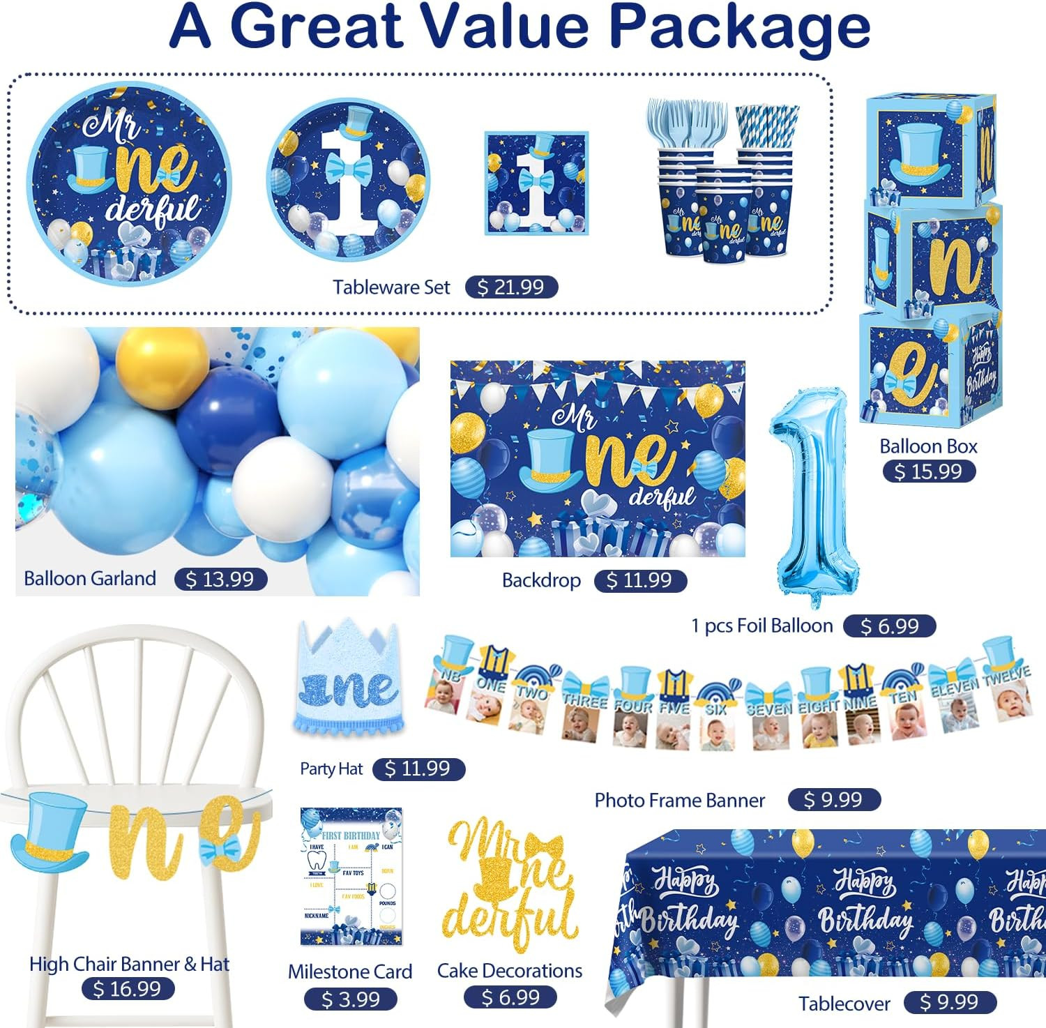 237-Piece Mr Onederful 1st Birthday Party Decoration Set for Boys