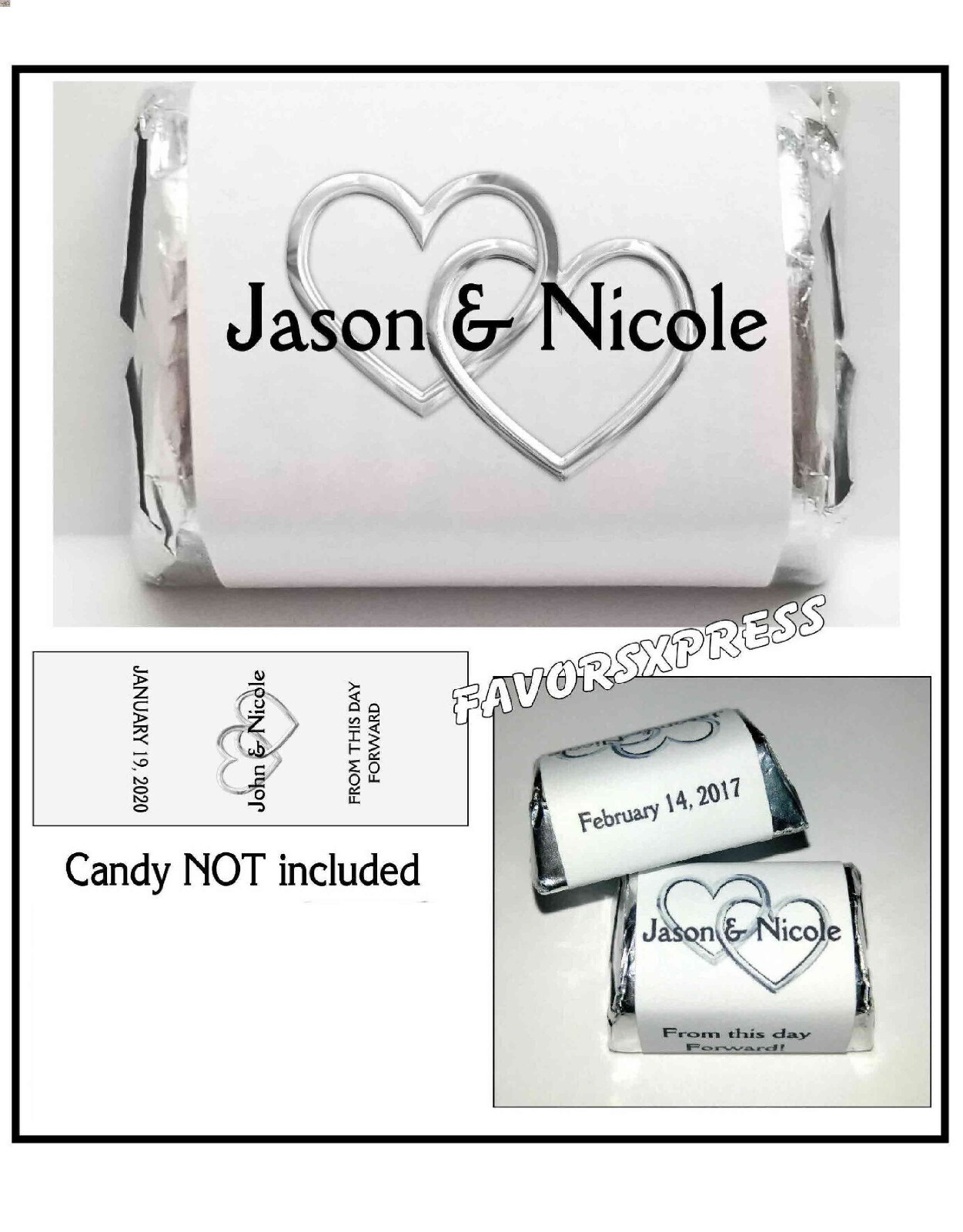 SILVER HEARTS WEDDING FAVORS CANDY WRAPPERS LABELS ~ PERSONALIZED