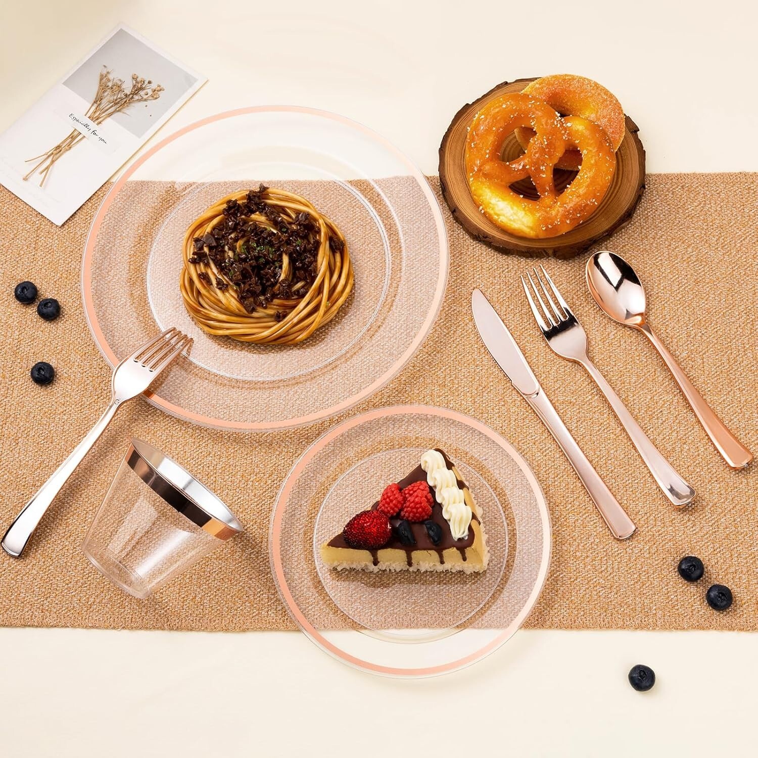 200PCS Rose Gold and Clear Plastic Plates, Rose Gold Disposable Plate Set wit…