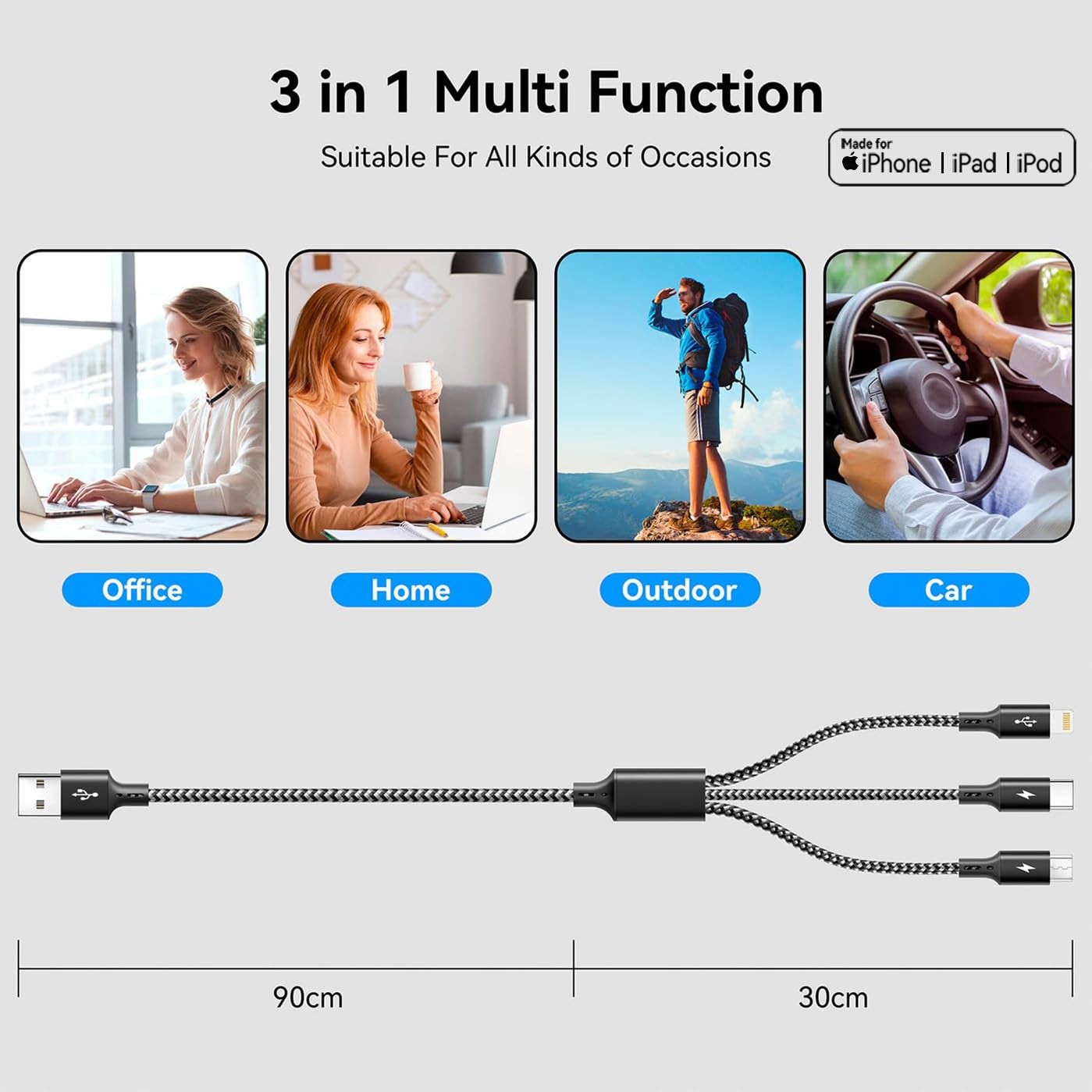ASICEN 3 in 1 Multiple Charging Cord, Braided Multi Charger Cable USBC Charging