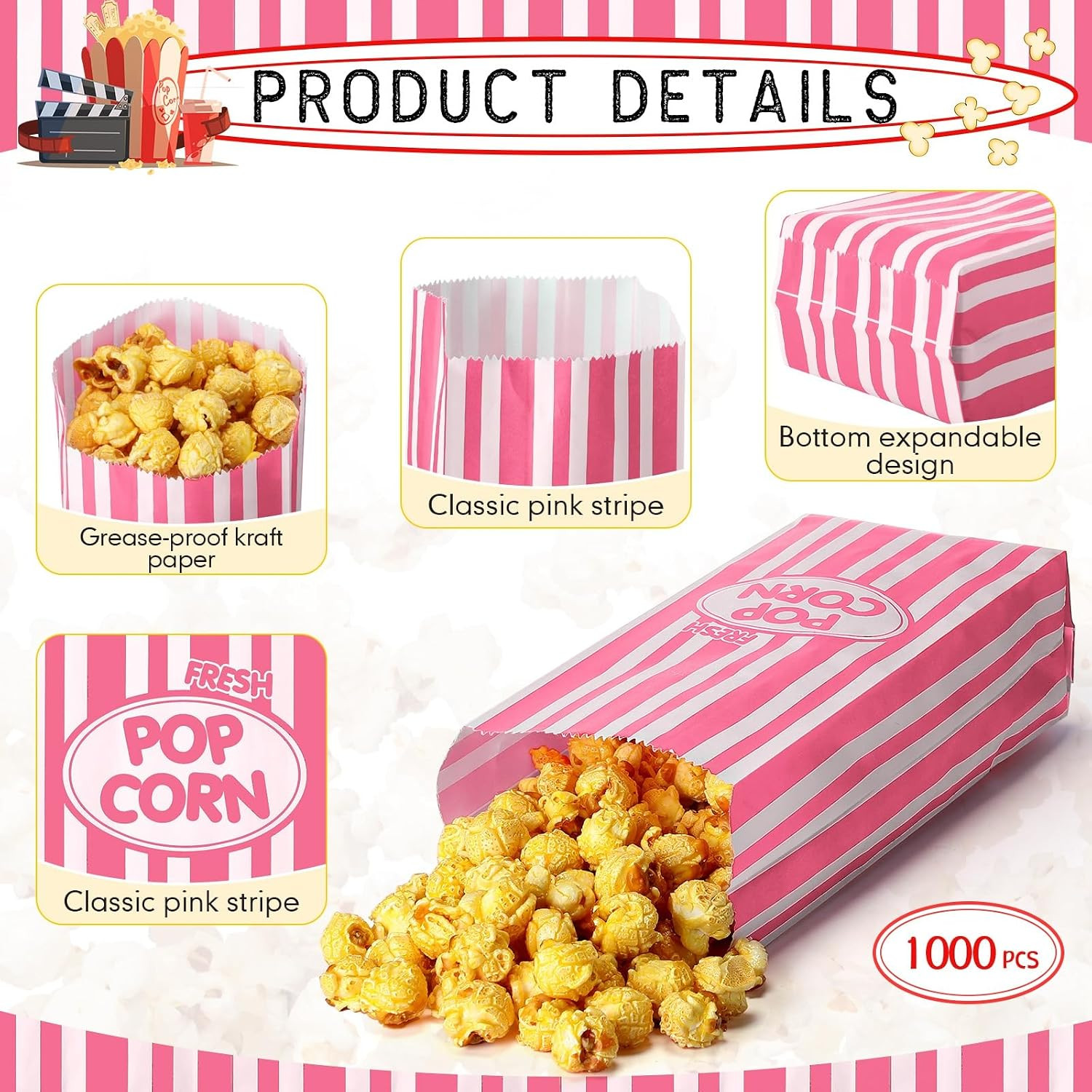 Sherr 1000 Pcs 2Oz Popcorn Bags Bulk Pink Retro Stripes Disposable Popcorn Bags