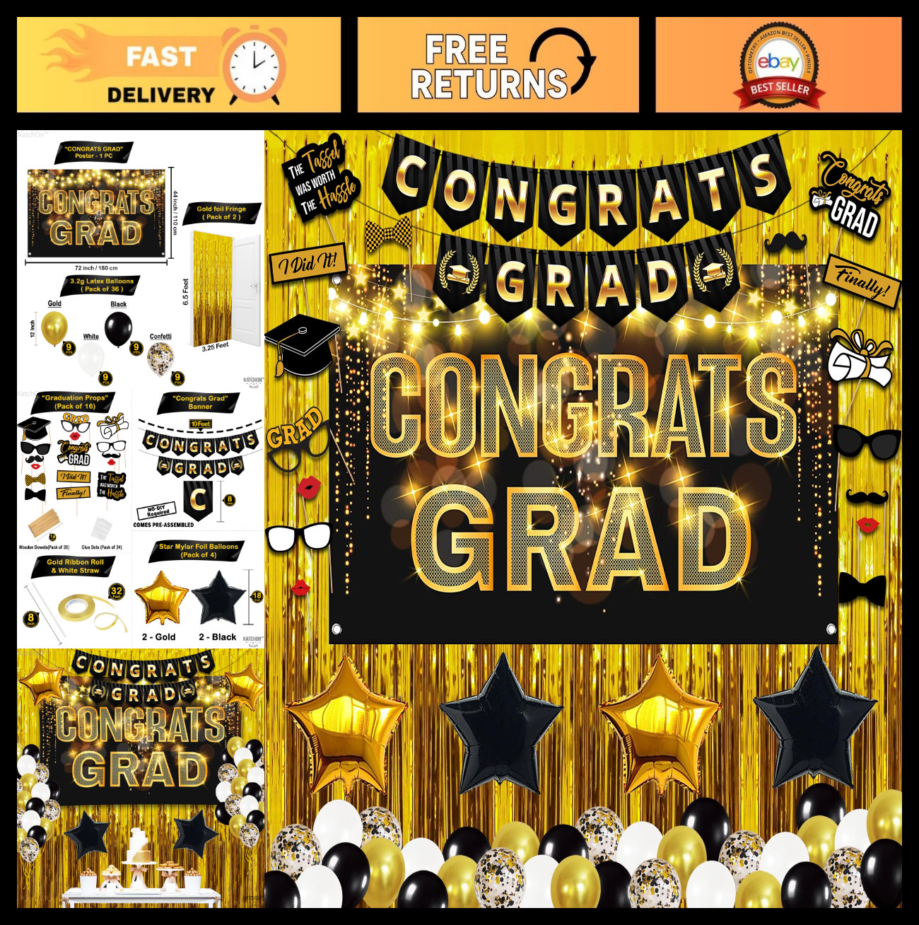 Black Gold Graduation Decorations 2026 – 61pc Set, Congrats Grad Banner, Foil Cu