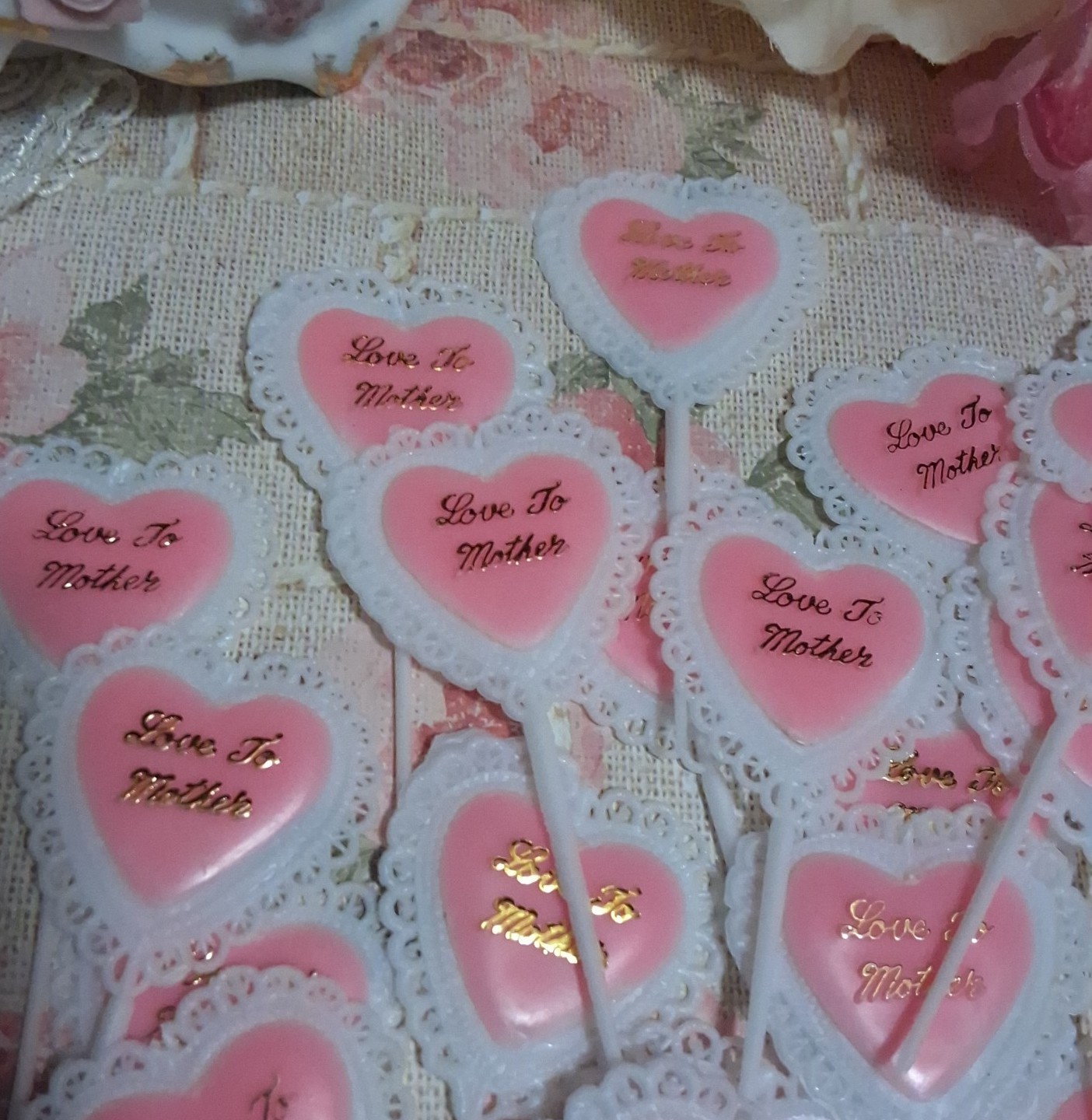 24 Vintage Mother’s Day Cupcake Picks Plastic Pink Hearts Crafts