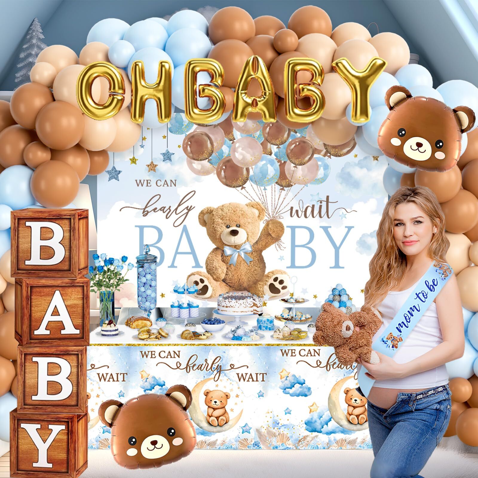 Teddy Bear Theme Blue And Brown Baby Shower Backdrop Balloon Decorations For Boy