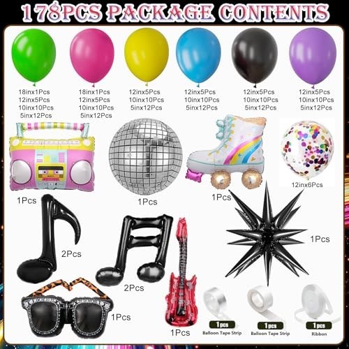 Retro 80s 90s Party Decorations Kit – 178PCS Balloon Arch, Disco Balls, Musical