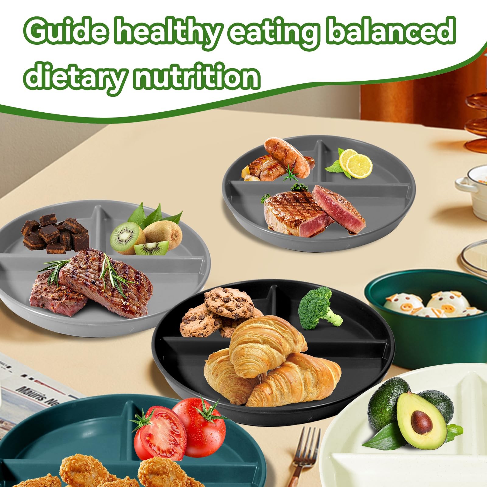 round portion control plate 9 inches, Black, gray, light beige, dark green
