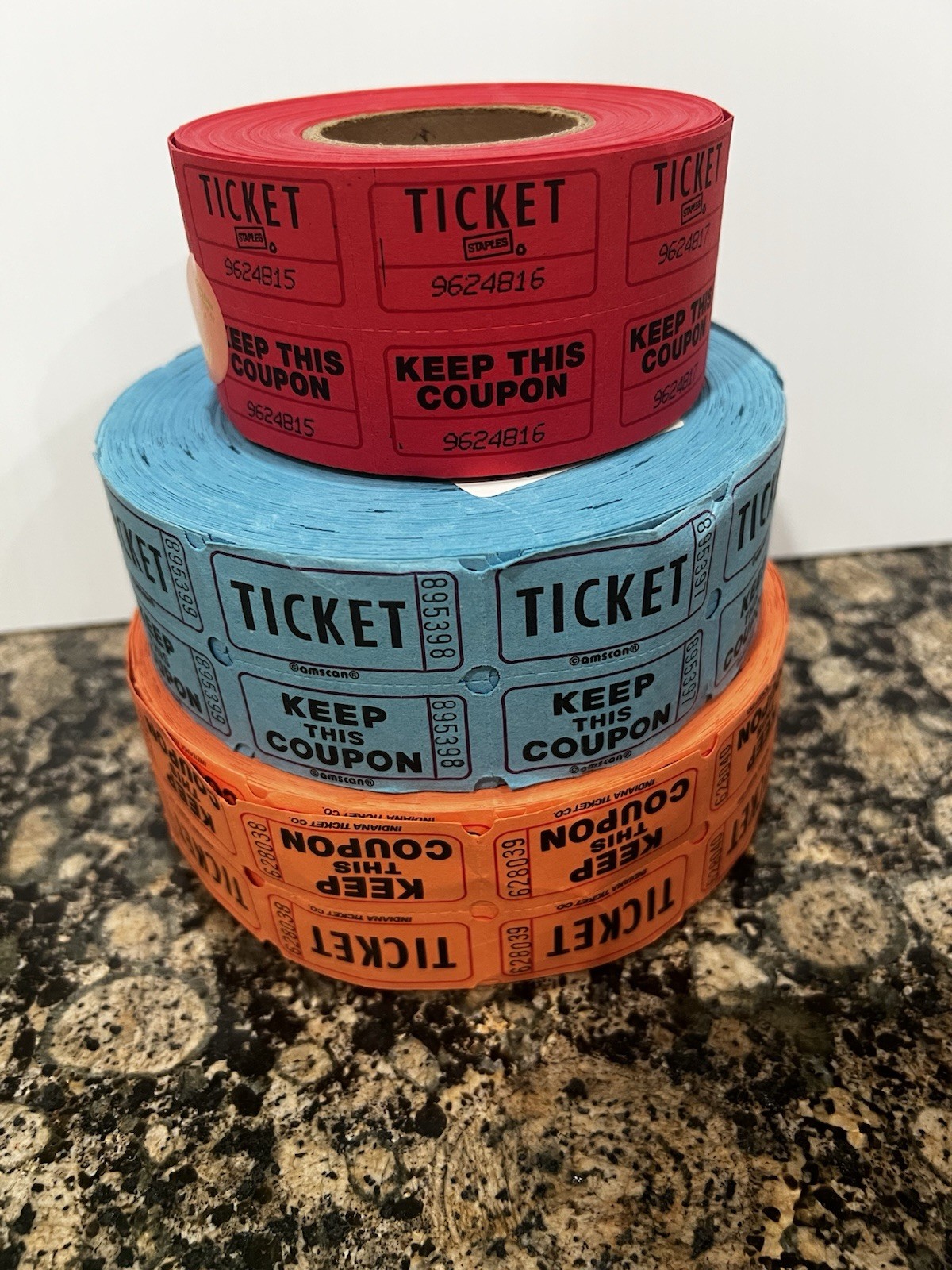 Staples Raffle Tickets Roll 2000 Count Multicolor Solid Party Theme MPN 19165