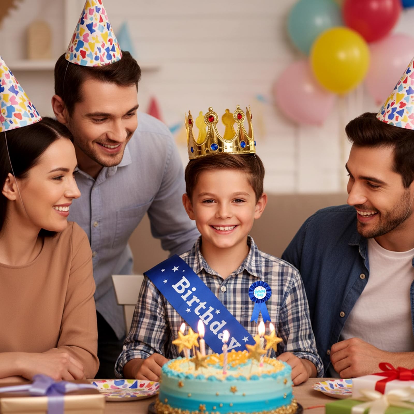 Aysatogc Birthday Crown Party Set, Boy Sash Hat Standard, Blue