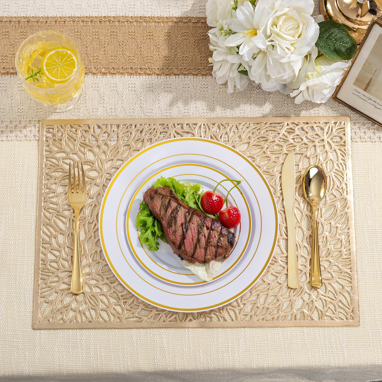 100PCS Gold Plastic Plates, 10 Inch Plates Disposable Dinner Plate Party with…