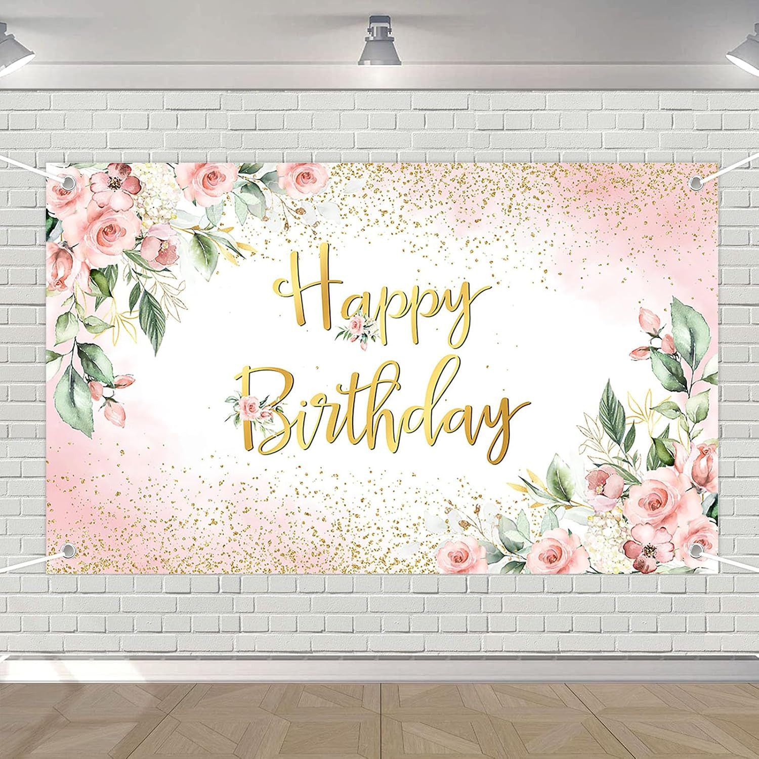 Rose Gold Birthday Backdrop for Women Pink Floral Golden Flash Happy Birthday Pa