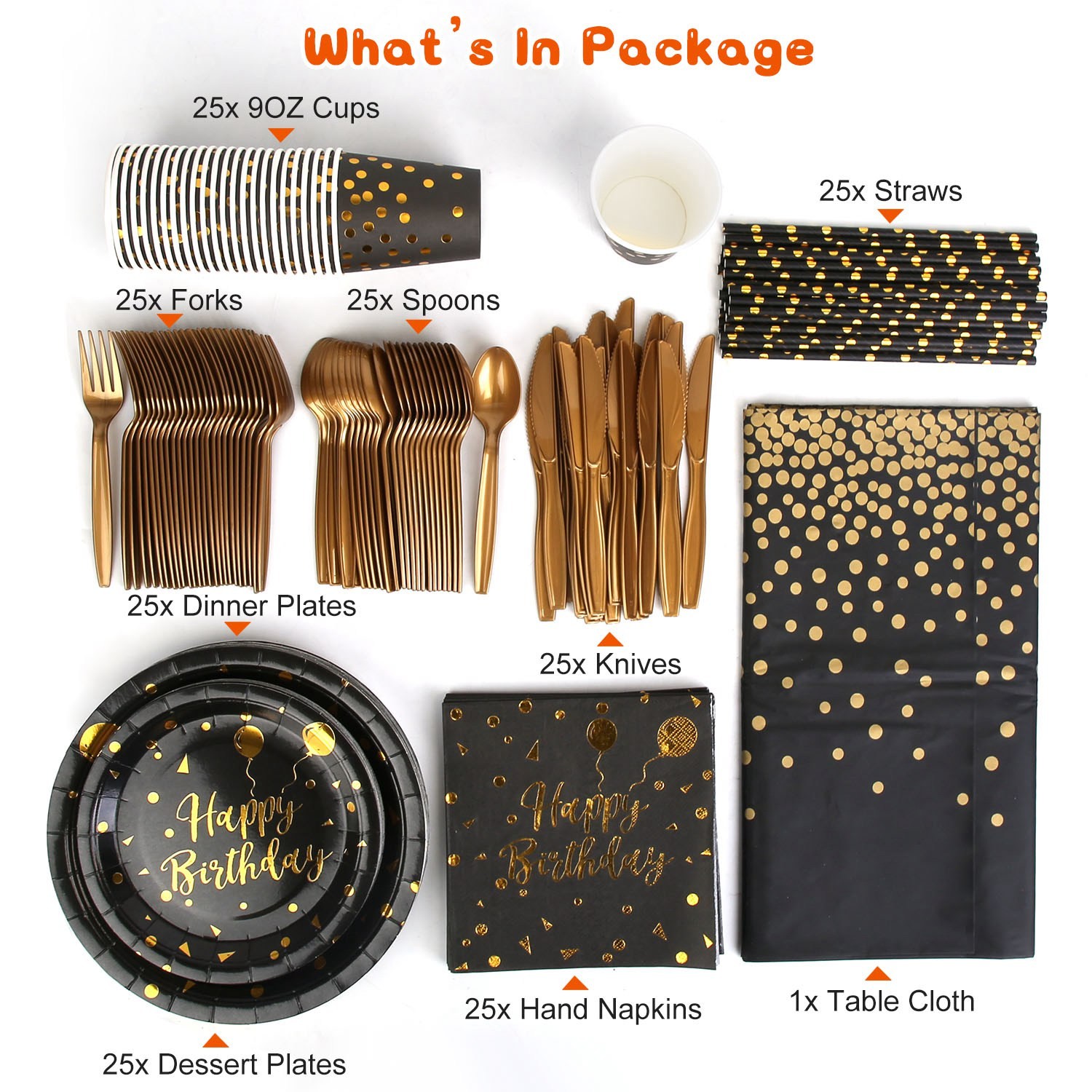 201‑Piece Black & Gold Birthday Party Set | Plates, Cups, Cutlery & Napkins for