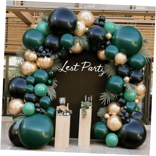 Dark Green and Gold Black Balloon Arch Kit, Double Stuffed Emerald Green Black