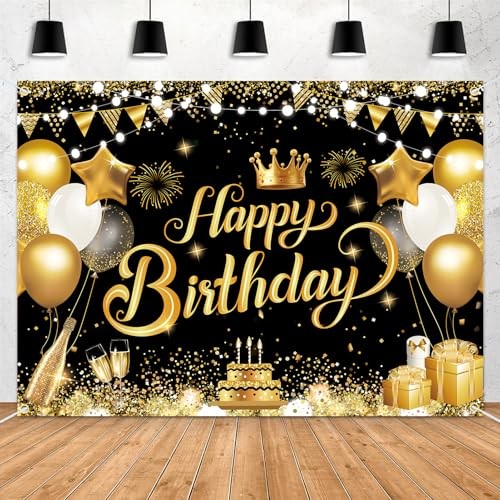 ft Happy Birthday Backdrop Banner – Black Gold Glitter Balloon Theme 7×5