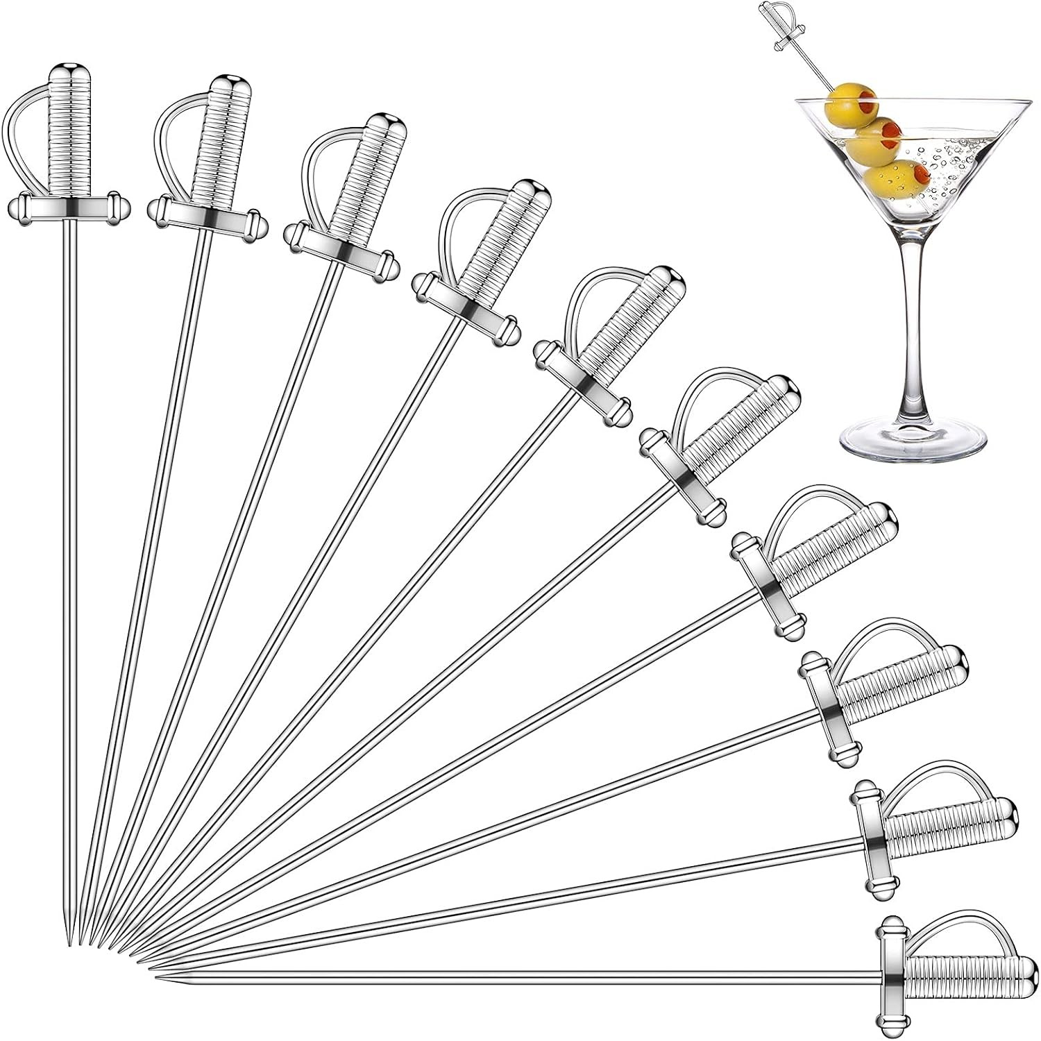 10 Pieces Stainless Steel Cocktail Picks Toothpicks 4.3 Inch Sword Metal Martini