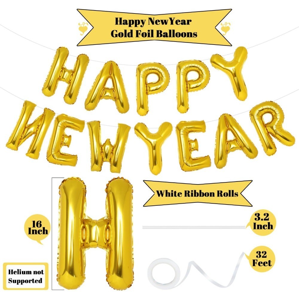 Gold Happy New Year Balloons, 16 Inch Gold Happy New Year Banner Decorations
