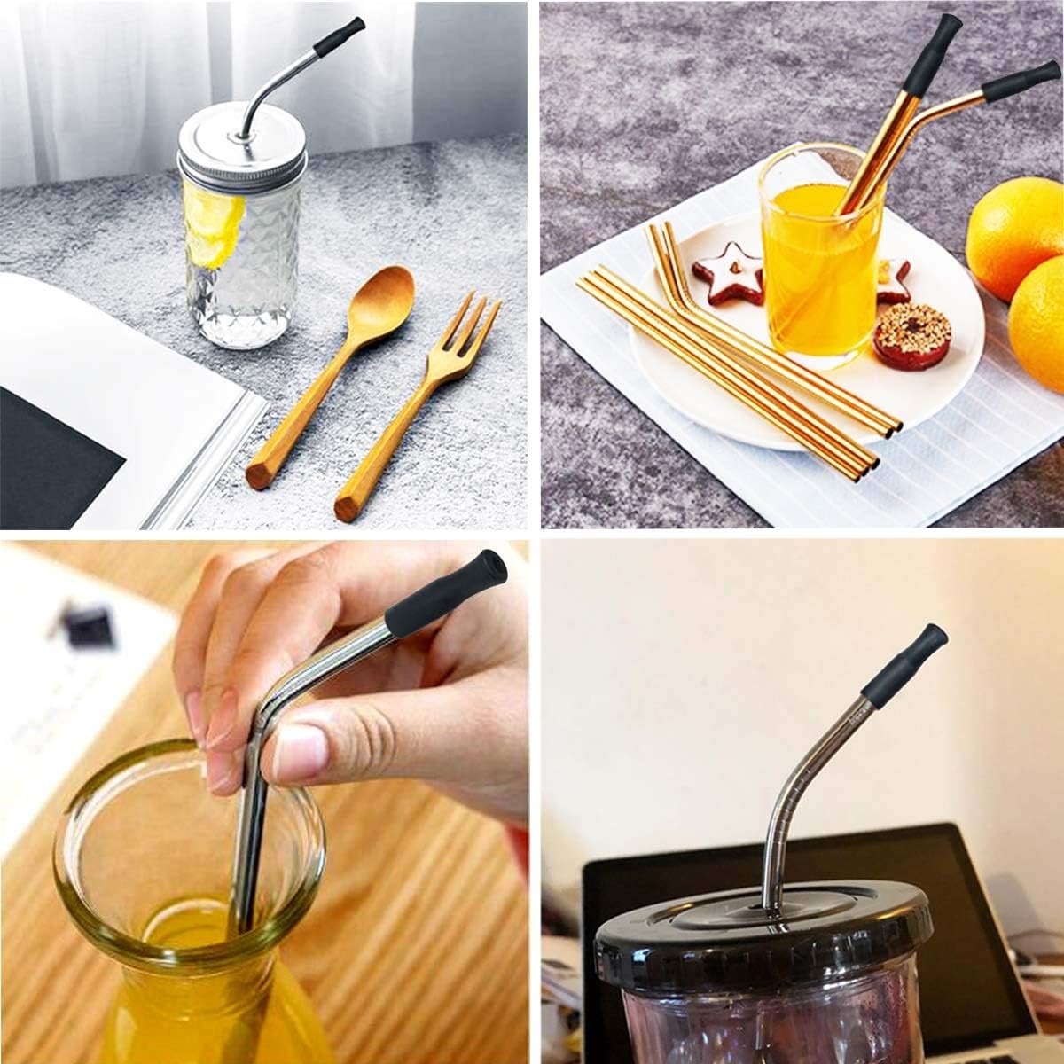 21Pcs Reusable Silicone Straw Tips, Stainless Straw Tips, Black Food Grade