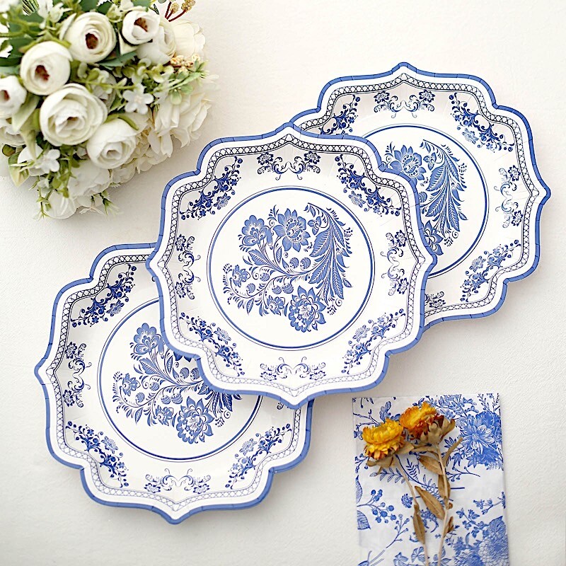 25 White Blue 8 in Floral Disposable Dessert Paper PLATES Scallop Trim Party