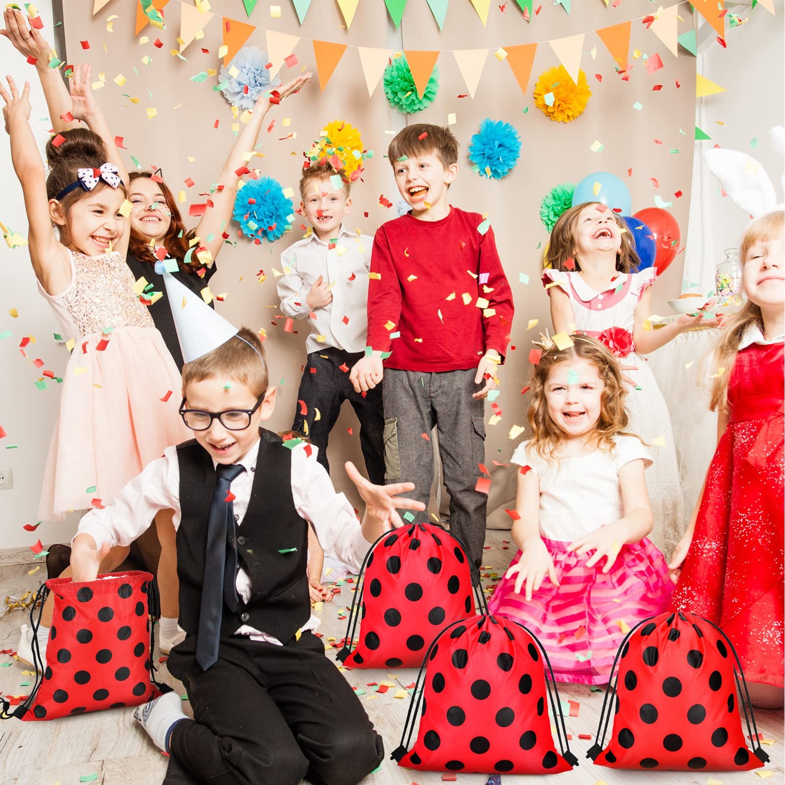 16 Pcs Ladybug Party Drawstring Bags Ladybug Party Favors Red Black Polka Dot…