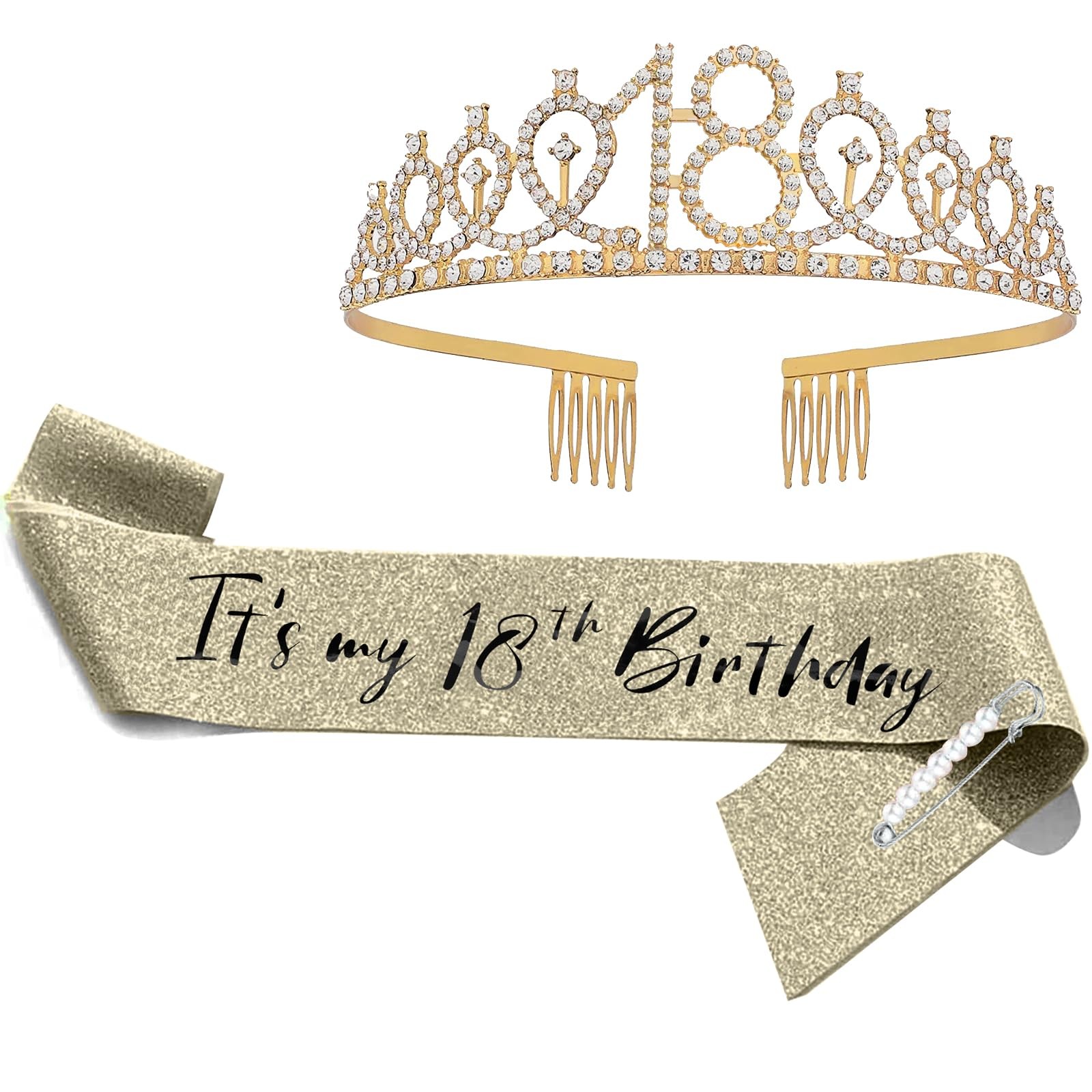 18th Birthday Sash & Rhinestone Tiara Set 18 Year Old Gifts Gold Her