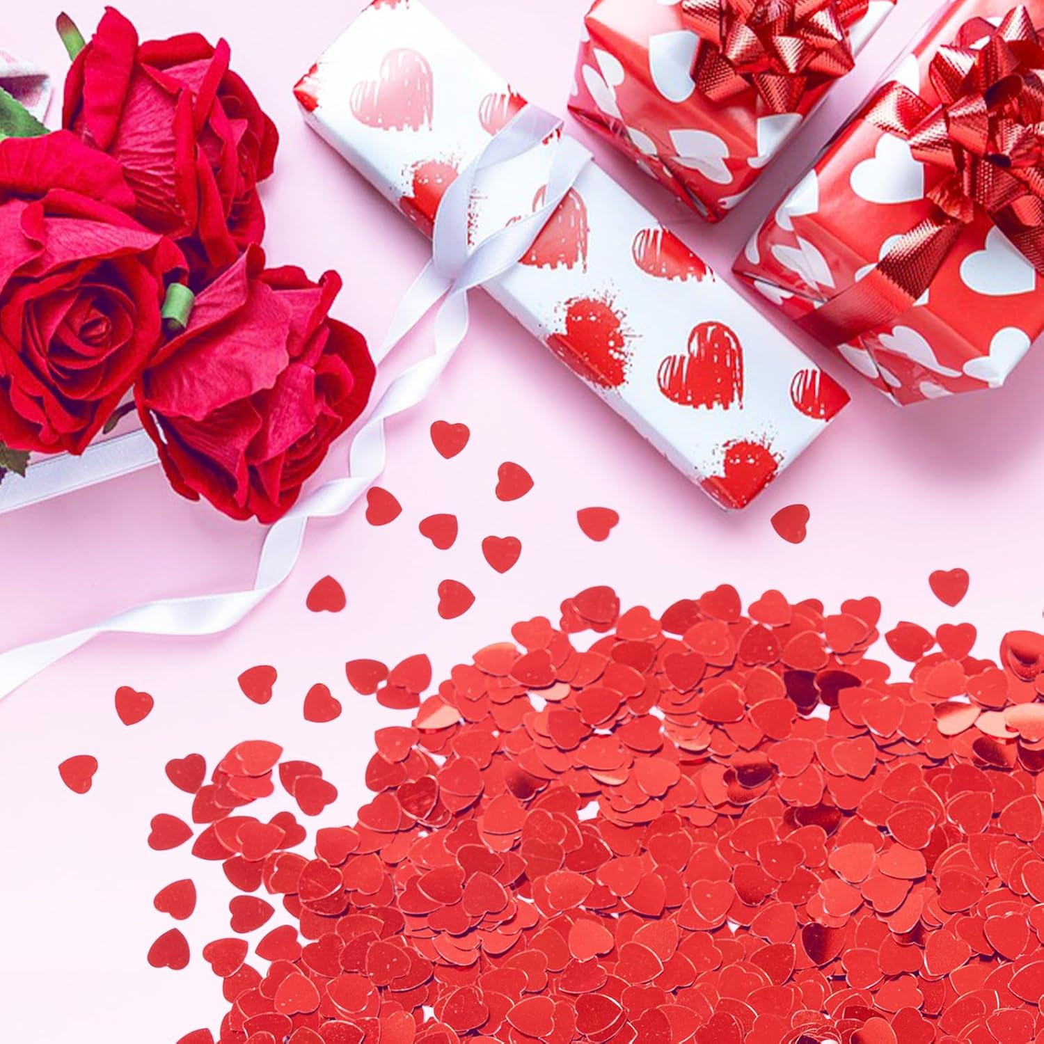 1500Pcs/50G Valentines Day Hearts Confetti Decorations, Red Metallic Foil Heart