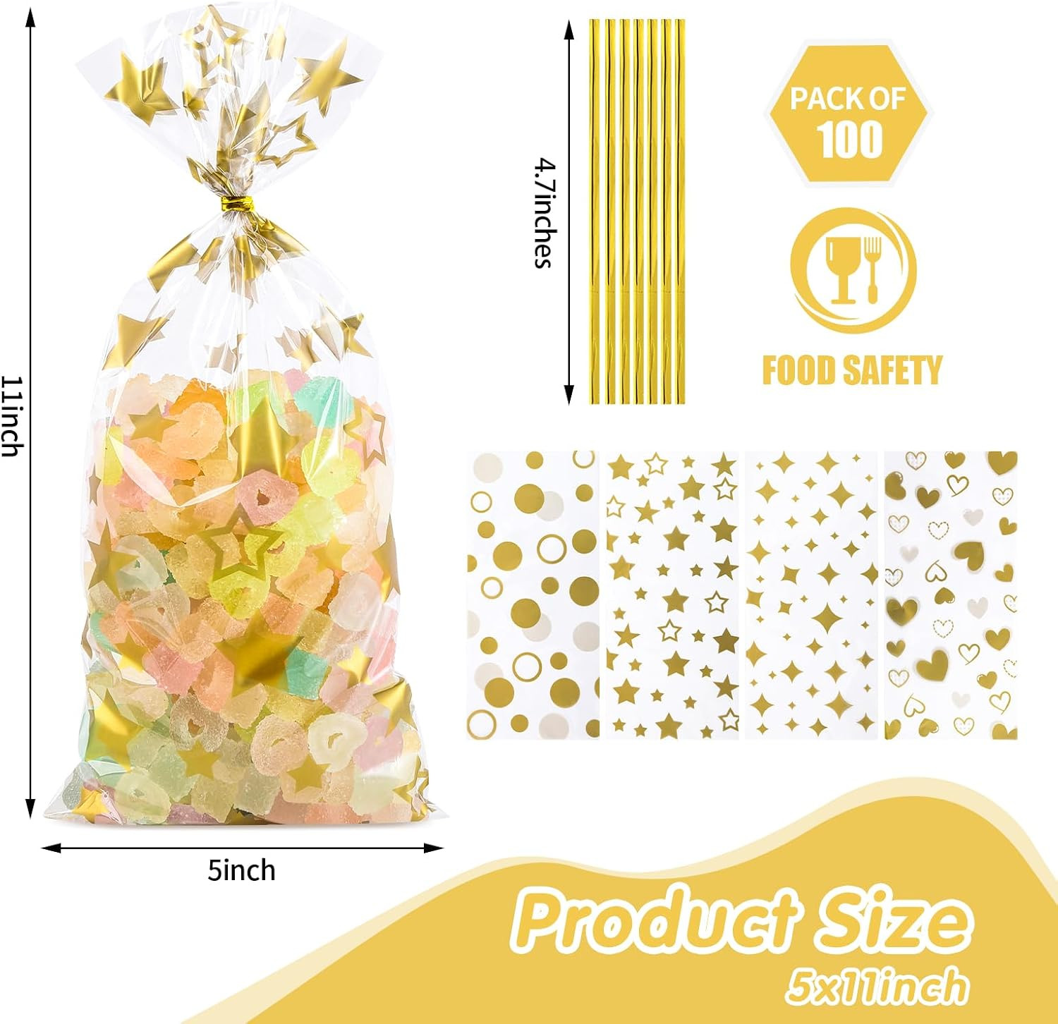 100 Pcs Gold 5″X11″ Gift Wrap Cellophane Treat Bags Clear Party Favor