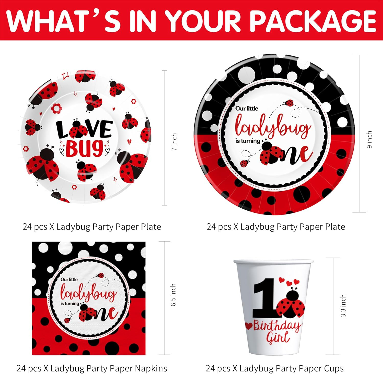 Ladybug 1st Birthday Party Tableware Set Plates Cups Napkins Serves 24
