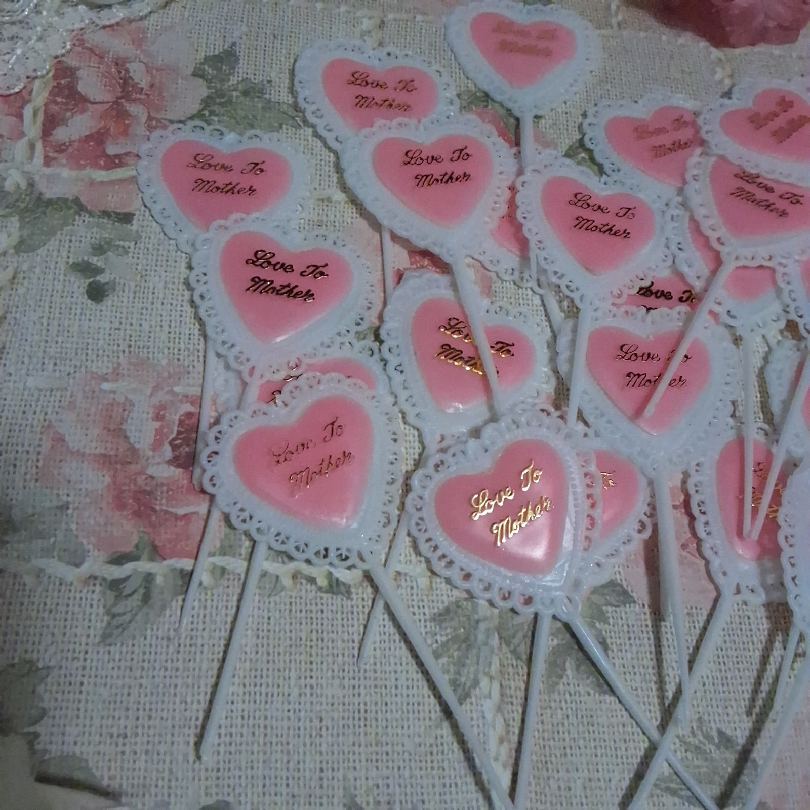 24 Vintage Mother’s Day Cupcake Picks Plastic Pink Hearts Crafts