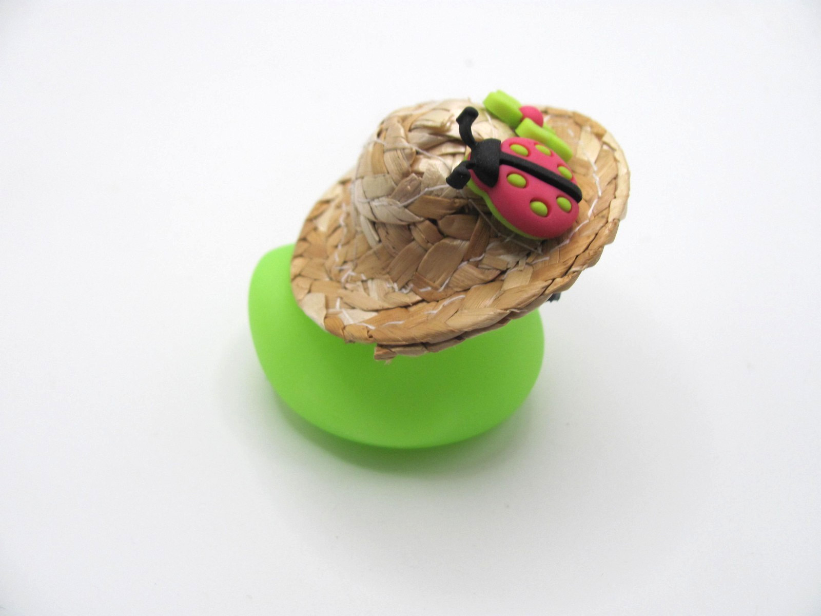 HAND DECORATED GREEN RUBBER DUCK W/ STRAW HAT W/ FLOWER & LADYBUG & SUNGLASSES