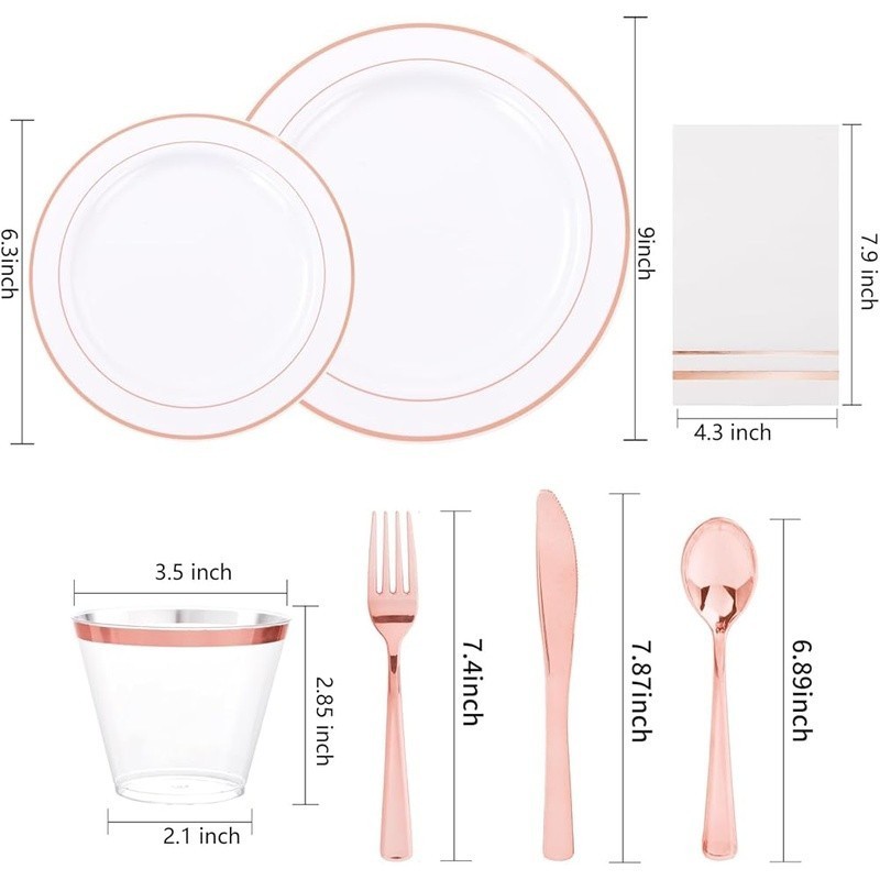 Rose Gold Disposable Plates Cups Cutlery Napkins Party Supplies Set 150pcs New