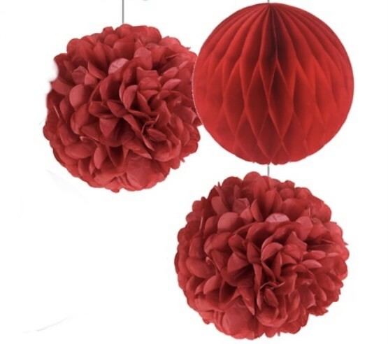Lot 6 Red Round Tissue Paper Decor: Two 8” Honeycomb Balls;Four 6” Inch Pom Poms