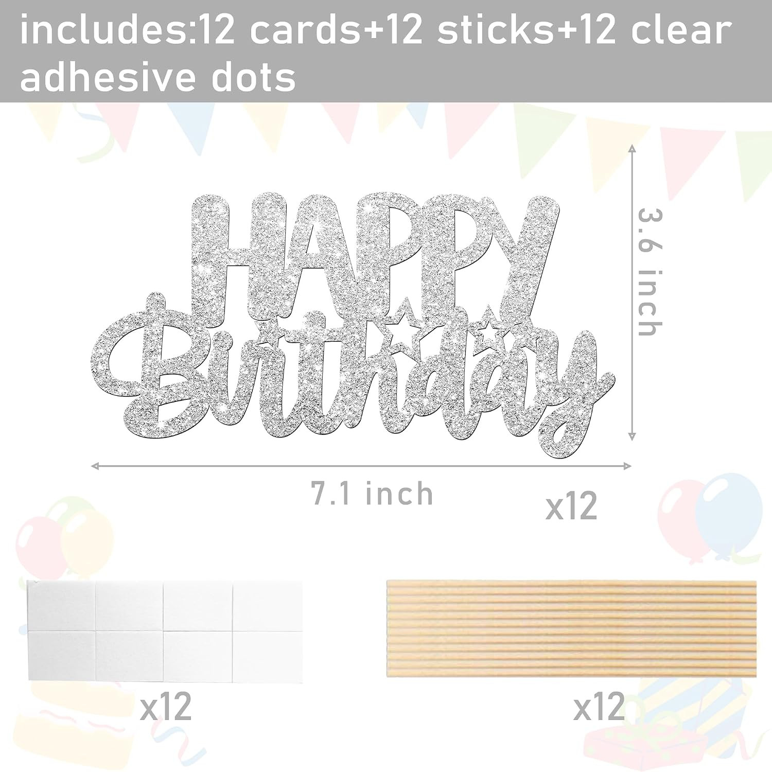 Glitter Silver Birthday Centerpiece Sticks 12PCS Happy Birthday Party Table Deco