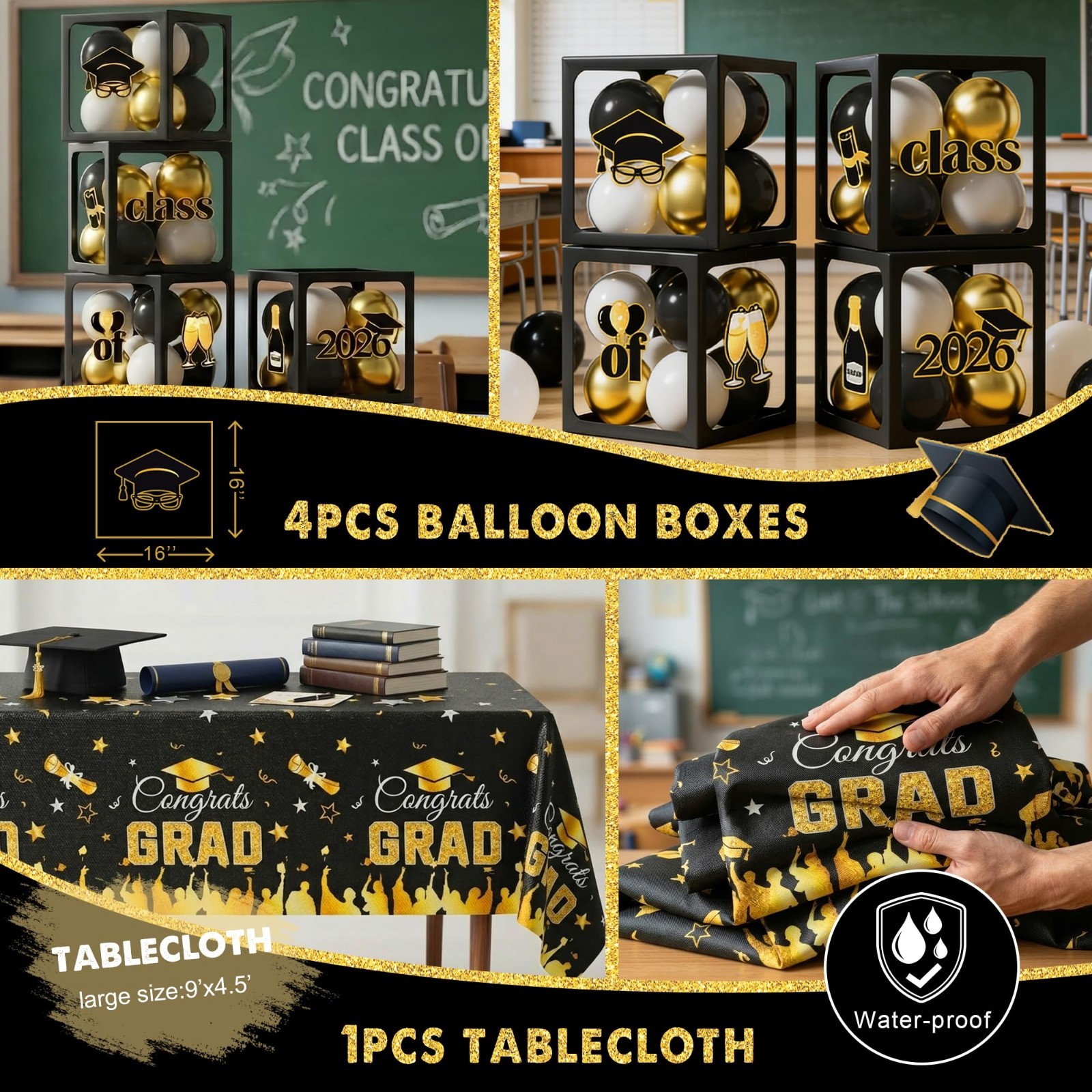 2026 Graduation Party Decorations Kit – Black Gold Congrats Grad Supplies Set, B