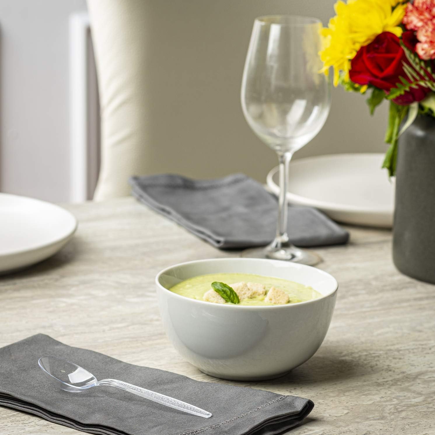 100 Pack] Heavyweight Clear Plastic Soup Spoons with Engraved Design –