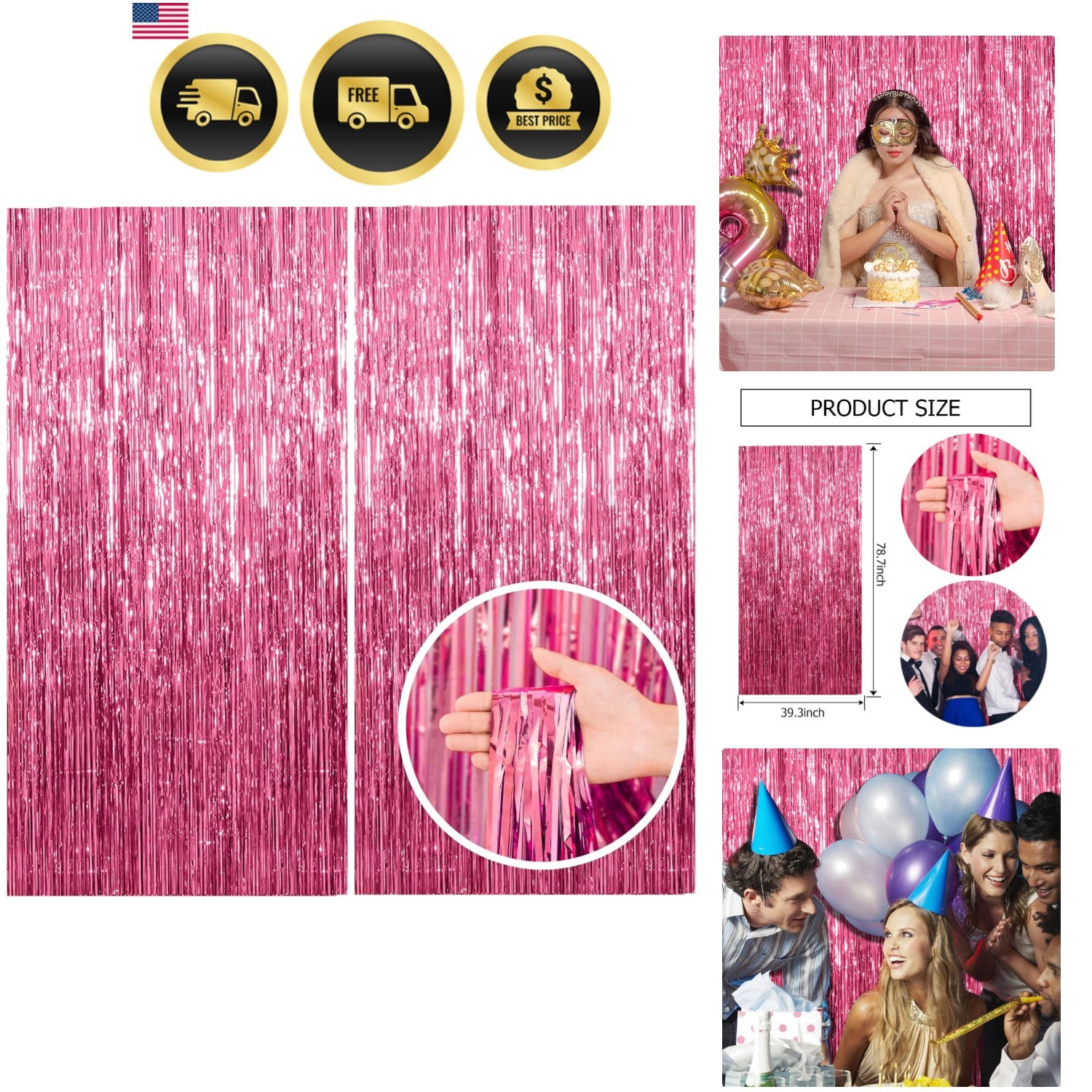 2 Pack Pink Backdrop Party Decorations Tinsel Curtain Party Backdrop Foil Fri…