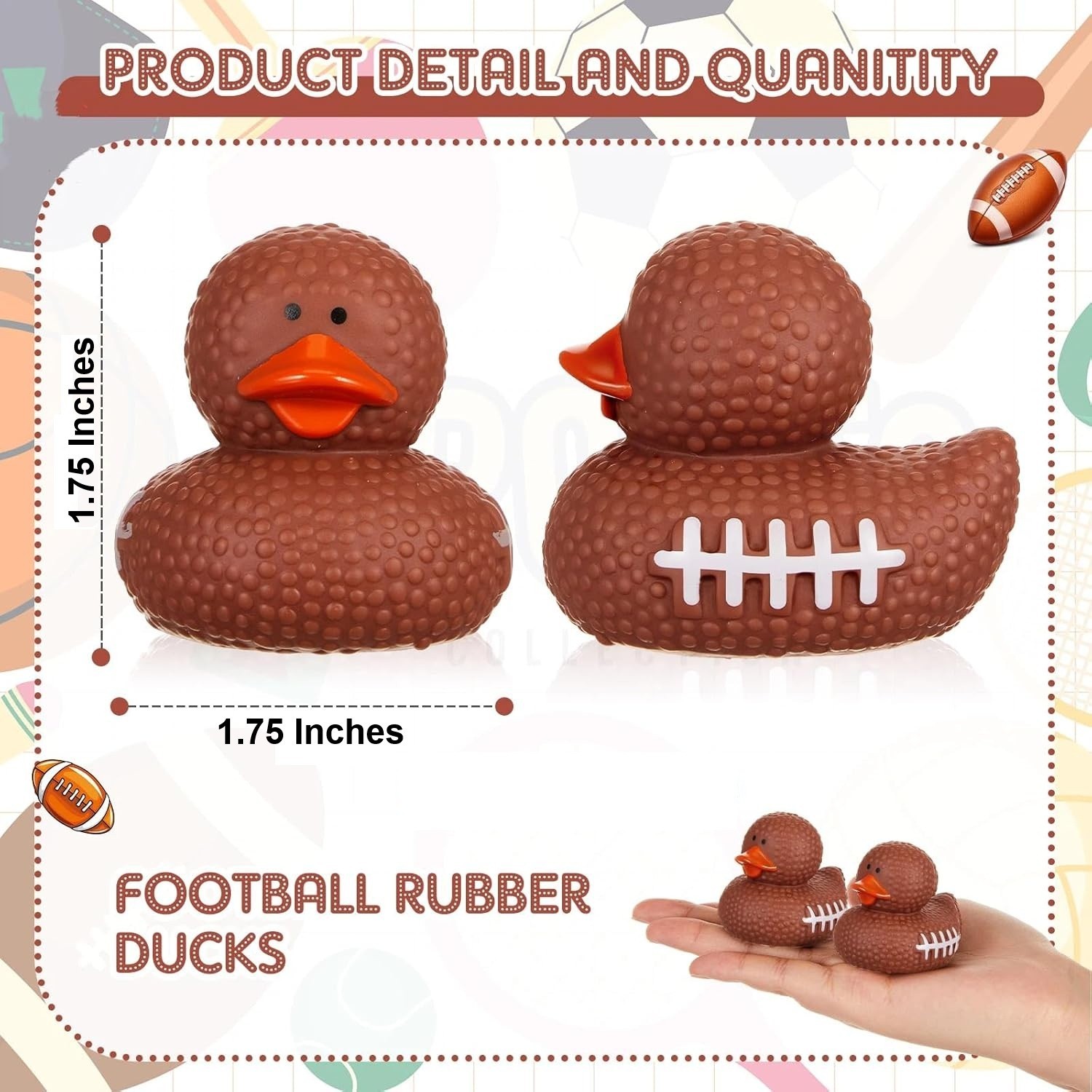 Football Rubber Duck, 1.75 Inches, Pigskin Football Theme Duck, Jeep Ducking