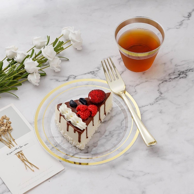 Clear Gold Plastic Plate Set (100 Guests), Plastic Plate