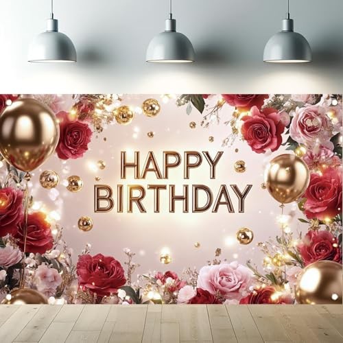 Red and Gold Happy Birthday Backdrop Banner Elegant Photography Rose Floral
