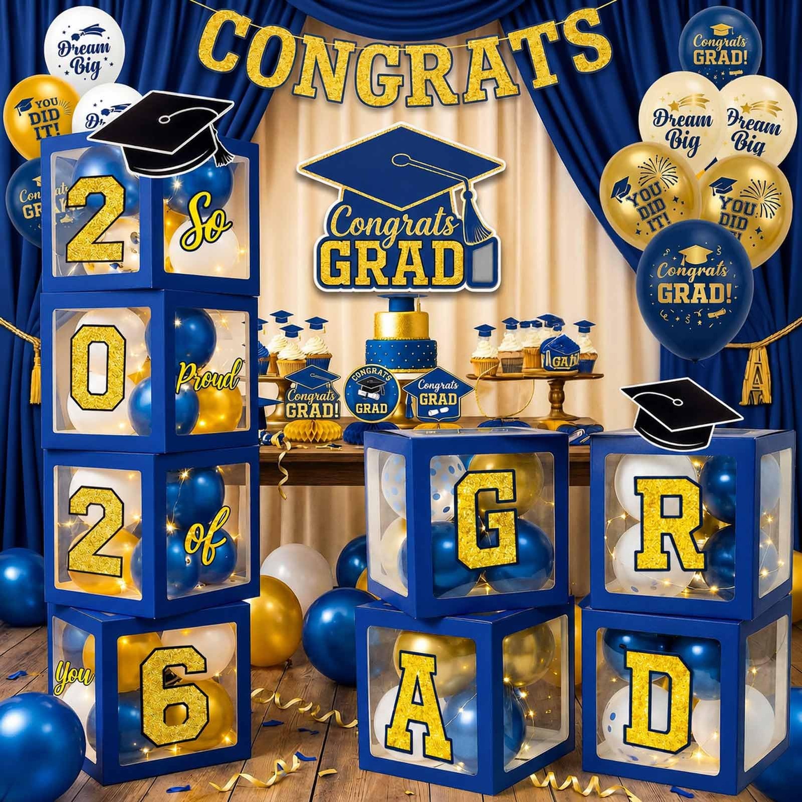 Graduation Decorations Class of 2026 Navy Blue and Gold Balloon Boxes for Hig…