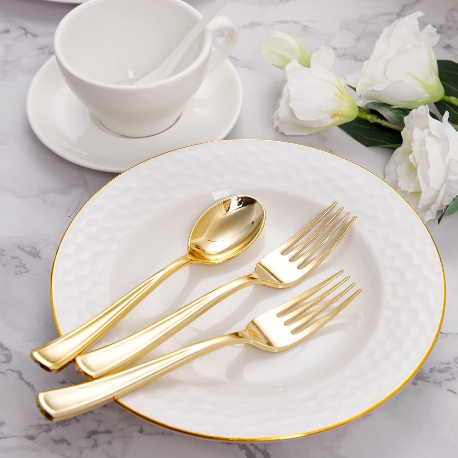 200-Piece Heavy Duty Disposable Cutlery Set – 100 Gold Plastic Forks, 100 Gol…