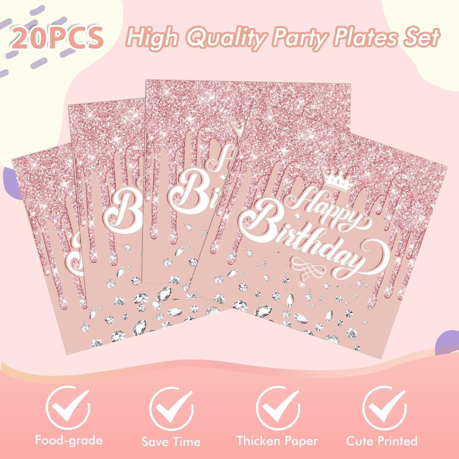 41 PCS Platos Set Borde Y Cubiertos De Papel Para Boda, Fiest, Tema De Oro Rosa.