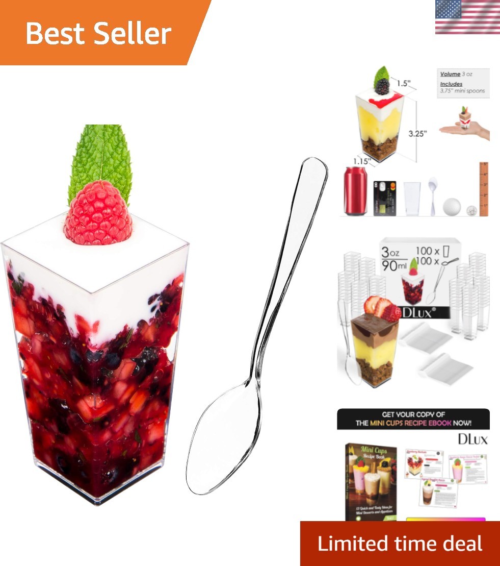 100 x 3 oz Mini Dessert Cups with Spoons, Square Tall – Clear Plastic Parfait…