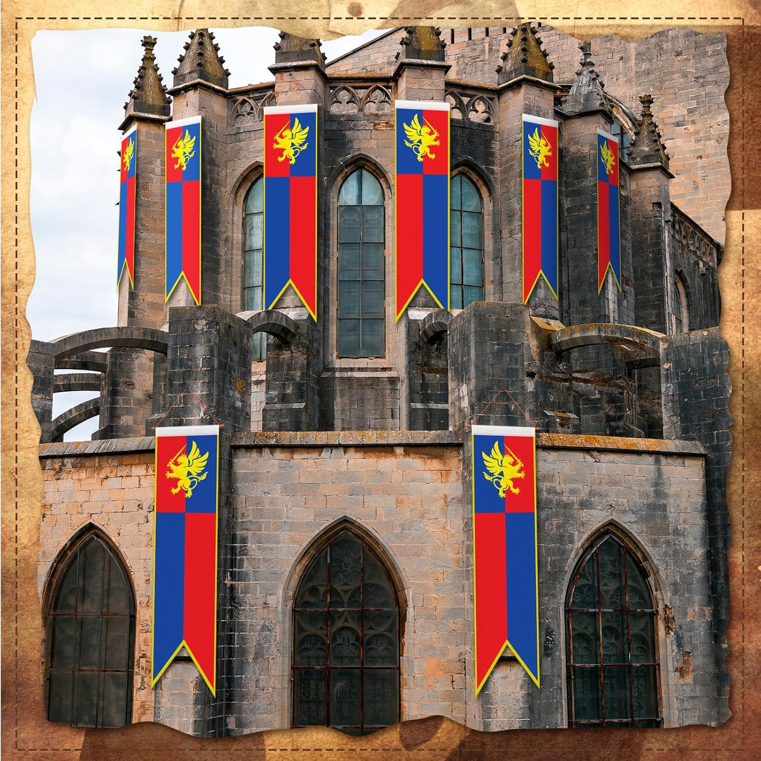 4 Ft Medieval Fantasy Pull-Down Banner with Lion Design Hanging Party Bunting Ba