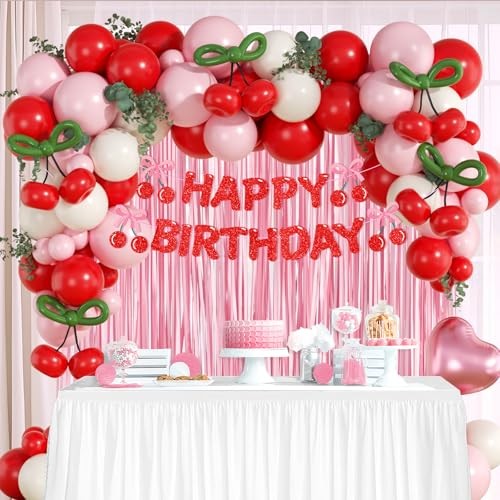 Cherry Birthday Party Decorations with Red Light Pink Sand White Balloons