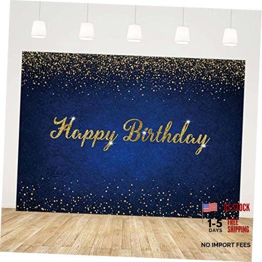 7x5ft Birthday Backdrop Happy Birthday Background Banner Gold 7X5ft Dark Blue