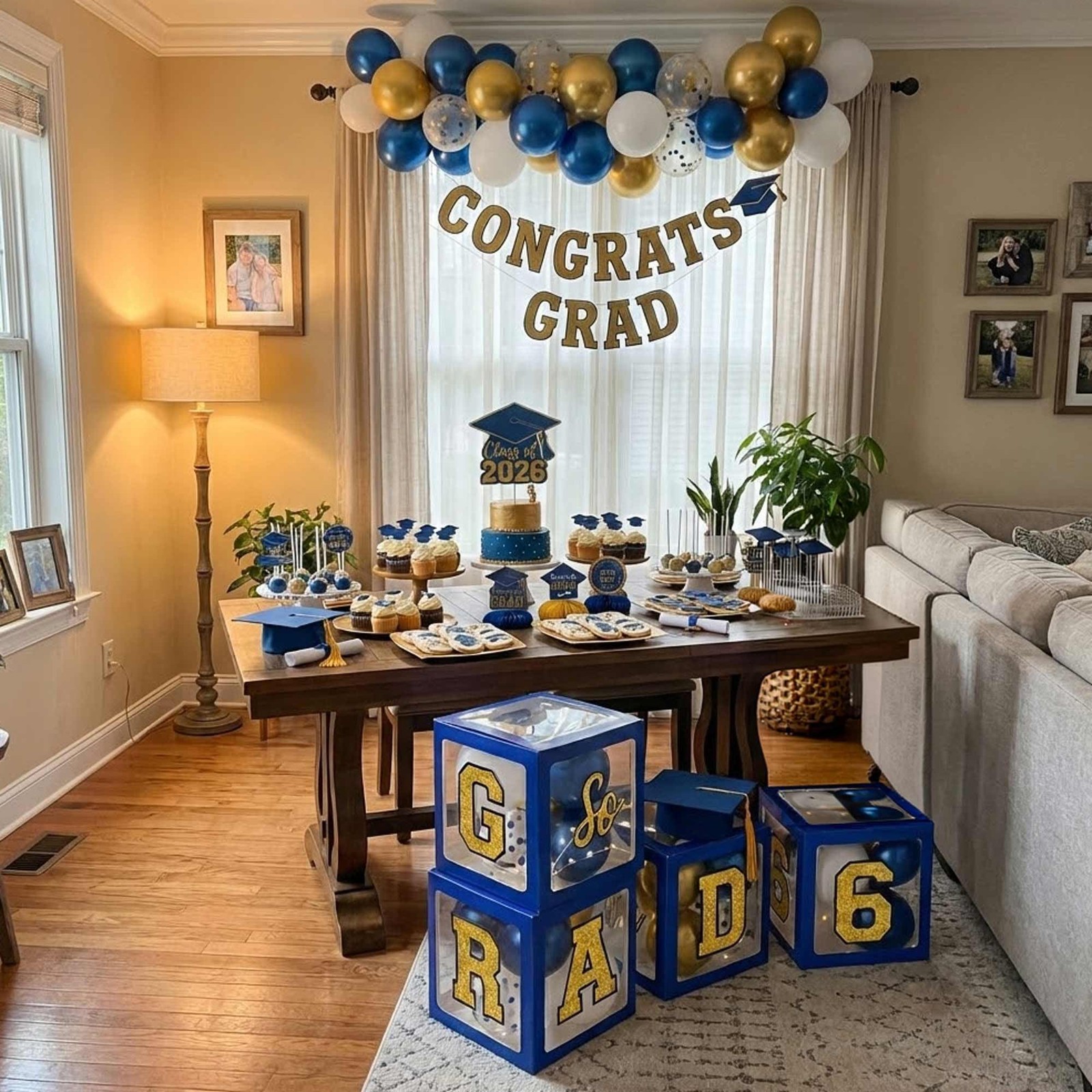 Graduation Decorations Class of 2026 Navy Blue and Gold Balloon Boxes for Hig…