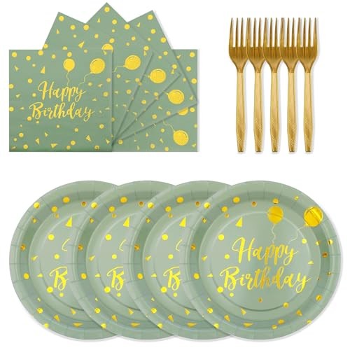 72PCS Happy Birthday Paper Plates – and Gold Tableware Set Include Sage Green